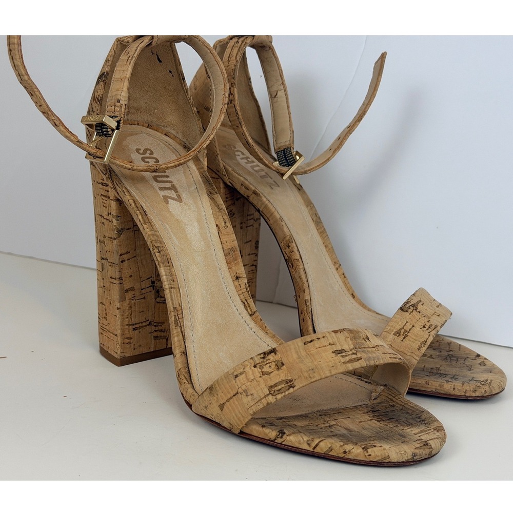 Schutz Enida Cork Block Heel Sandals Ankle Strap Tan Brown Womens Size 8B